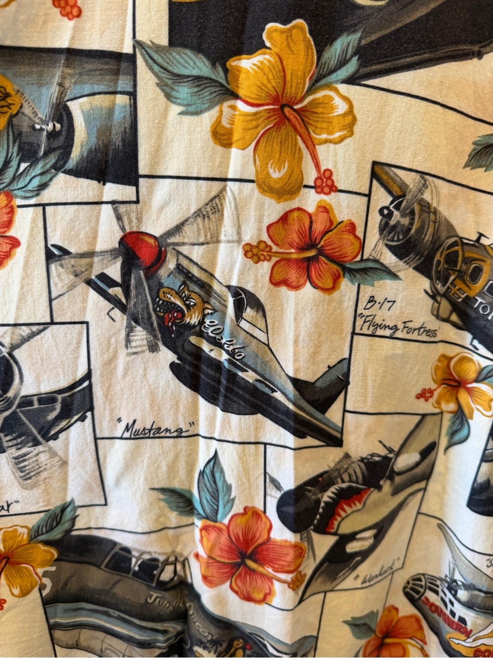 Men’s Casual Button-Down Shirt - Floral & Aircraft Print in Cream